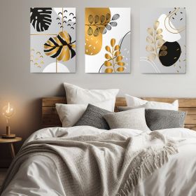 Set 3 tablouri minimaliste frunze aurii negre - Dimensiune multicanvas: 3 tablouri 60x90 cm