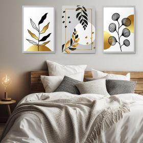 Set 3 tablouri minimaliste frunze aurii negre - Dimensiune multicanvas: 3 tablouri 30x45 cm