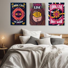 Set 3 tablouri muzica long live not war stil hippie - Dimensiune multicanvas: 3 tablouri 40x60 cm