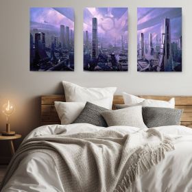 Set 3 tablouri peisaj urban futurist multicanvas - Dimensiune multicanvas: 3 tablouri 30x45 cm