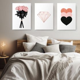 Set 3 tablouri trandafiri diamant inimi - Dimensiune multicanvas: 3 tablouri 80x120 cm
