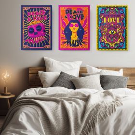 Set 3 tablouri muzica peace&#038;love stil hippie - Dimensiune multicanvas: 3 tablouri 80x120 cm