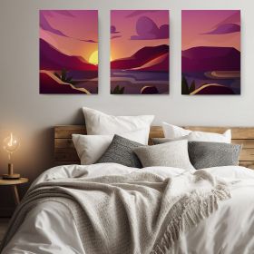 Set 3 tablouri Boho peisaj munte apus - Dimensiune multicanvas: 3 tablouri 50x70 cm