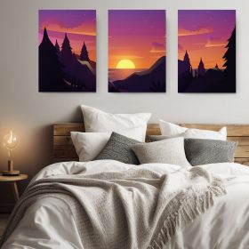 Set 3 tablouri Boho peisaj munte brazi apus - Dimensiune multicanvas: 3 tablouri 60x90 cm