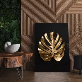Frunza Aurie Monstera Tablou - Material produs:: Tablou canvas pe panza CU RAMA, Dimensiunea:: 60x90 cm