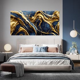 Tablou abstract imitatie marmura, auriu, albastru 1856 - Material produs:: Tablou canvas pe panza CU RAMA, Dimensiunea:: 70x140 cm