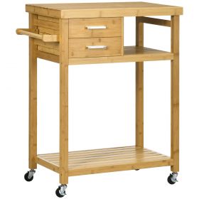 HOMCOM Cărucior de Bucătărie din Bambus cu 2 Sertare, 2 Rafturi, Suport Prosoape, Design Ergonomic 83x45x96cm | Aosom Romania