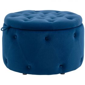 HOMCOM Otoman Rotund Tapitat Catifelat cu Spațiu de Depozitare, Design Elegant, Albastru Închis | Aosom Romania