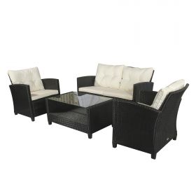 Outsunny Set Mobilier de Grădină 4 Piese, Canapea, Fotolii, Masă de Cafea, Ratan PE Negru și Bej, Design Contemporan | Aosom Romania