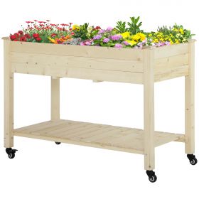 Outsunny Pat Grădină Legume Înălțat Lemn cu Roți, Jardiniera Înălțată cu Raft Inferior, 118x55x83cm, Natural | Aosom Romania