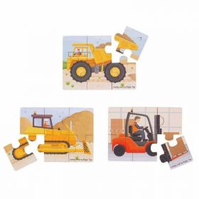 Set 3 puzzle din lemn - Vehicule pentru constructii