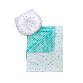 Set 2 piese Paturica dubla de iarna 90x70 cm cu perna formare cap Deseda Minky verde menta - Steluțe verde menta pe alb