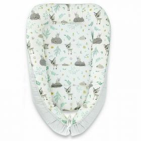 Cosulet bebelus, MimiNu, Pentru dormit, Baby Cocoon 75x55 cm, Husa 100% bumbac, Din bumbac certificat Oeko Tex Standard 100, Forest friends Grey/Mint