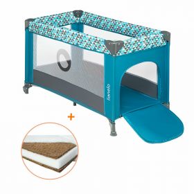 Lionelo - Patut pliant cu un nivel Stefi, 120x60 cm, Cu intrare laterala cu fermoar, EN716, Turquoise + Babyneeds - Saltea cocos 120x60x12 cm