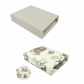 Set 2 cearceafuri cu elastic, MimiNu, Pentru patut 120x60 cm, Din bumbac certificat Oeko Tex Standard 100, Design Calm Forest Natural + Colectia Royal Beige