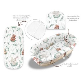 Set pentru landou/cosulet, MimiNu, Cu protectie, saltea si pernuta, Din bumbac certificat Oeko Tex Standard 100, Lulu Natural