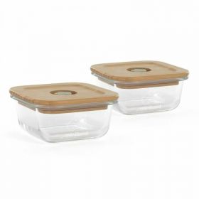Set 2 recipiente din sticla etanse cu capac din Bambus 210 ml Frog