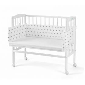 Patut pentru copii 2in1, 90 cm x 55 cm, lemn de fag, vopsea certificata, roti blocabile, laterala detasabila, co-sleeping, Saltea inclusa, Aparatoare laterala din bumbac, Waldin, Cover, Alb, 8S1