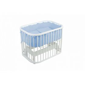 Patut Rotund pentru Copii, Multifunctional, Waldin, 5in1, cu Sistem de Leganare, Saltele Incluse, Co-Sleeper, Tarc de Joaca, Masa si Scaun pentru Activitati, Alb cu Set de Lenjerie, 5 piese, Albastra