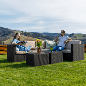 Set de gradina din rattan, 3 piese, maro/bej, RODEN