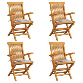 Scaune de gradina cu perne gri carouri, 4 buc., lemn masiv tec, multicolor