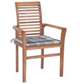 Scaune de masa, perne gri model carouri, 4 buc., lemn masiv tec, maro