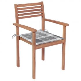 Scaune gradina, perne gri model carouri, 2 buc., lemn masiv tec