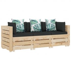Canapea gradina din paleti cu 3 locuri, perne inflorate, lemn , multicolor