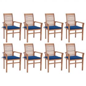 Scaune bucatarie cu perne albastru regal, 8 buc. lemn masiv tec