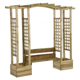 Pergola de gradina cu banca si jardiniere lemn masiv pin tratat