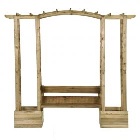 Pergola de gradina cu banca si jardiniere lemn masiv pin tratat