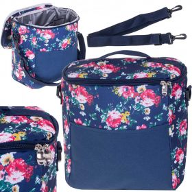 Geanta termoizolanta pentru picnic sau plaja, capacitate 11l, albastra cu flori