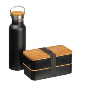 Set cutie de pranz, sticla de baut din otel, 500 ml, negru + 3 tacamuri, suport din lemn Piksel inclus
