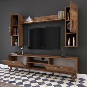 Comoda TV cu raft de perete si 2 cabinete M27 - 284, Wren, 180 x 35 x 48.6 cm/133 cm, walnut