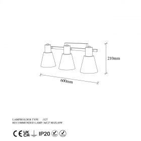 Aplica de perete, Funnel - 13094, Fulgor, 60 x 21 x 21 cm, 3 x E27, 40W, negru