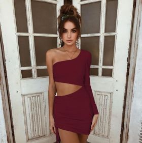 Rochie sexy cu o singură mânecă burgundy L