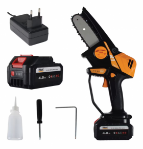 Kit Complet Mini Drujba electrica cu acumulator 4Ah inclus, iHunt Strong Chainsaw 21V Power, motor brushless, lama 10cm, viteza lant 9m s + incarcator