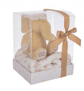 Set cadou pentru copii patura 90x75 cm + jucarie elefant 20 cm, Box Star W-Elephant, Bizzotto, plus/poliester, bej/alb