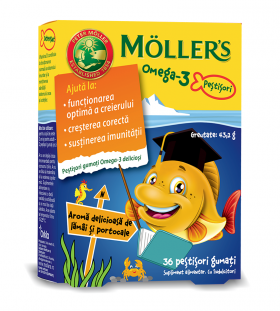 Pestisori gumati cu Omega 3 si aroma de lamai si portocale, 36 jeleuri, Moller's