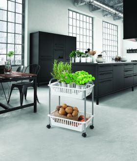 Carucior cu 2 rafturi Oslo 2, Metaltex, 41x26x52 cm, plastic/metal/invelis din crometherm, alb/argintiu