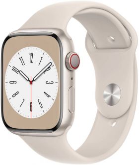 SmartWatch Apple Watch S8, 45mm Aluminium Starlight cu Starlight Sport Band Regular, GPS + Cellular