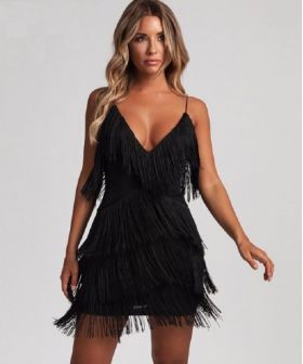 Mini rochie sexy cu franjuri negru L