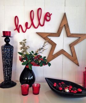 Decoratiune de perete, Red Hello, 46x20x1.8 cm, Placaj , Rosu