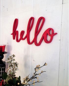 Decoratiune de perete, Red Hello, 46x20x1.8 cm, Placaj , Rosu