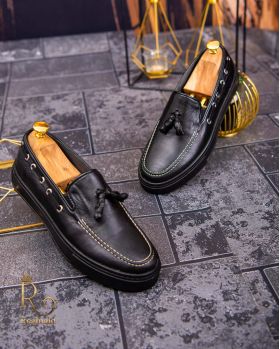 Mocasini casual de barbati, negri, piele naturala , talpa neagra – AD518