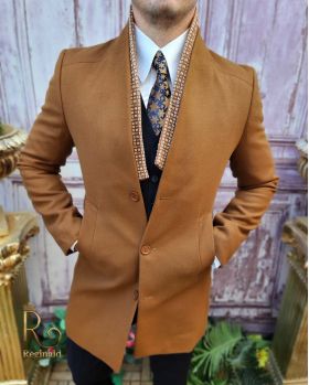 Palton de bărbați, Slim Fit, Maro cu guler textil - PT455