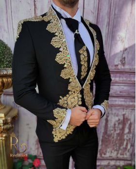 Costum de ceremonie, Negru cu broderie, Slim Fit, Sacou, Vesta, Pantalon si Cravata - C3950