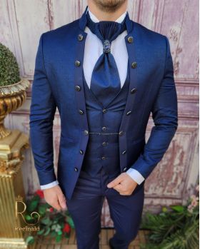 Costum de ceremonie, Bleumarin, Slim Fit, Sacou, Vesta, Pantalon si Cravata - C3956