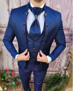 Costum de ceremonie, Bleumarin, Slim Fit, Sacou, Vesta, Pantalon si Cravata - C3956