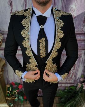 Costum de ceremonie, Negru cu broderie, Slim Fit, Sacou, Vesta, Pantalon si Cravata - C3950